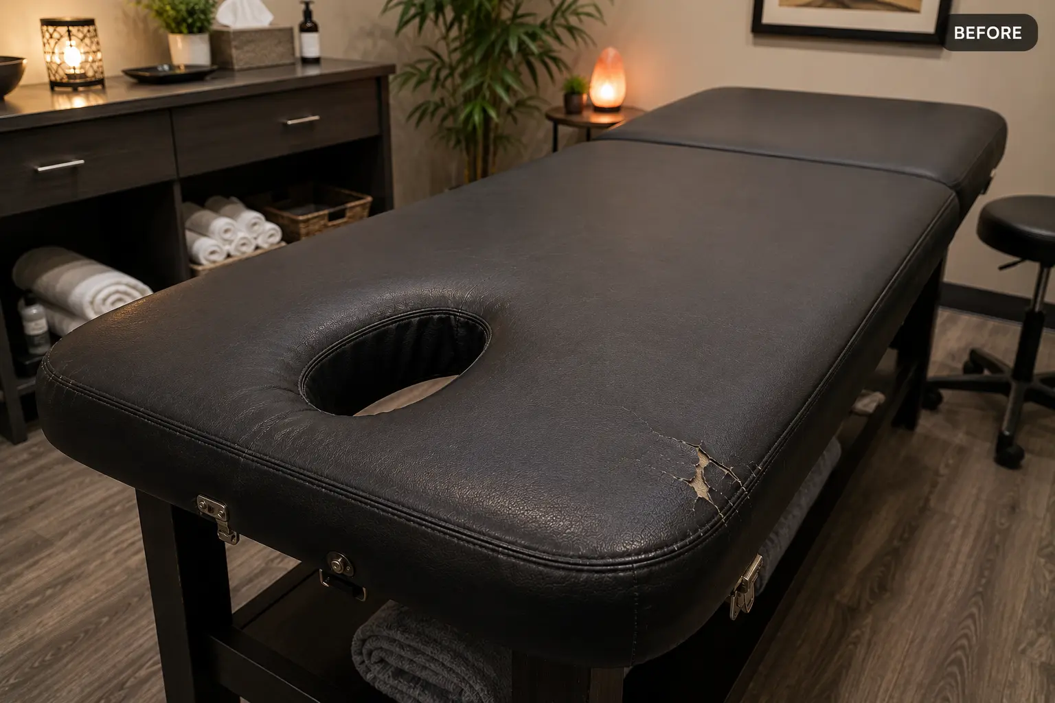 Before commercial massage chair upholstery repair