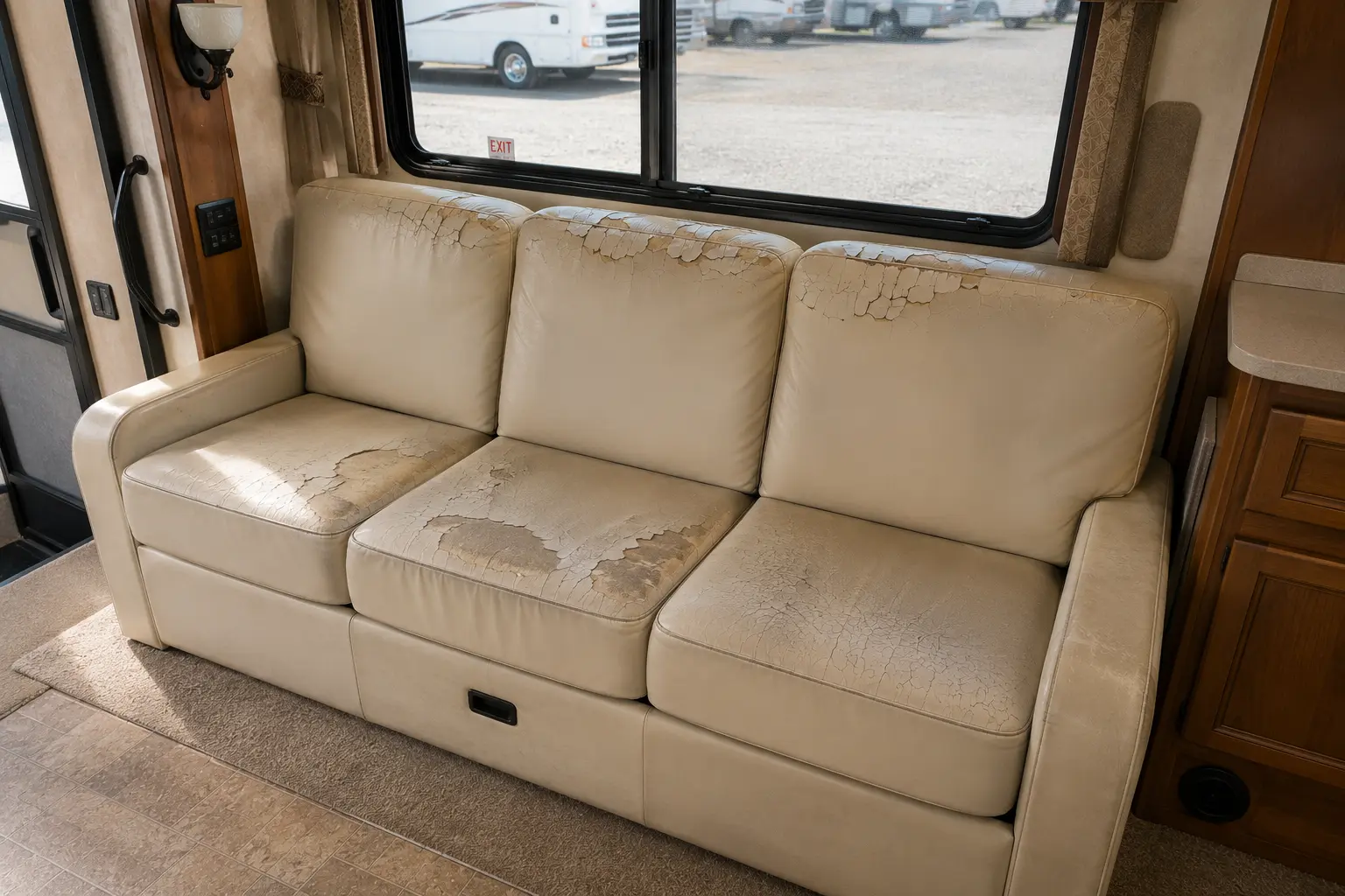 Before RV sofa upholstery repair