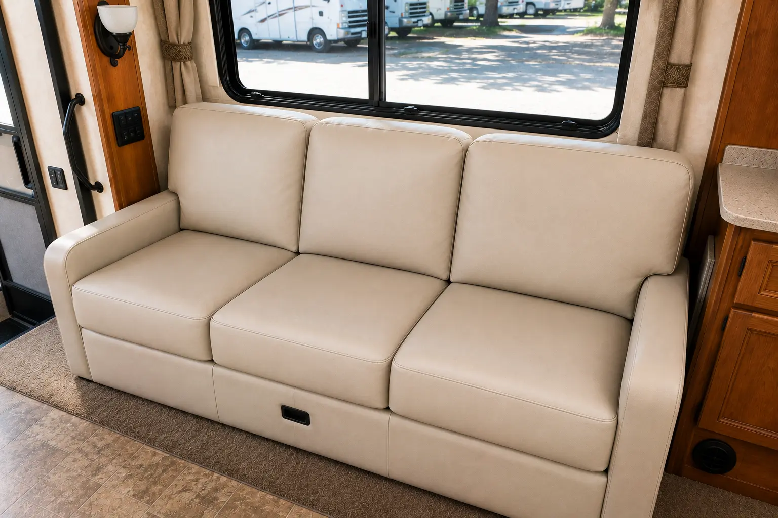 After RV sofa upholstery repair